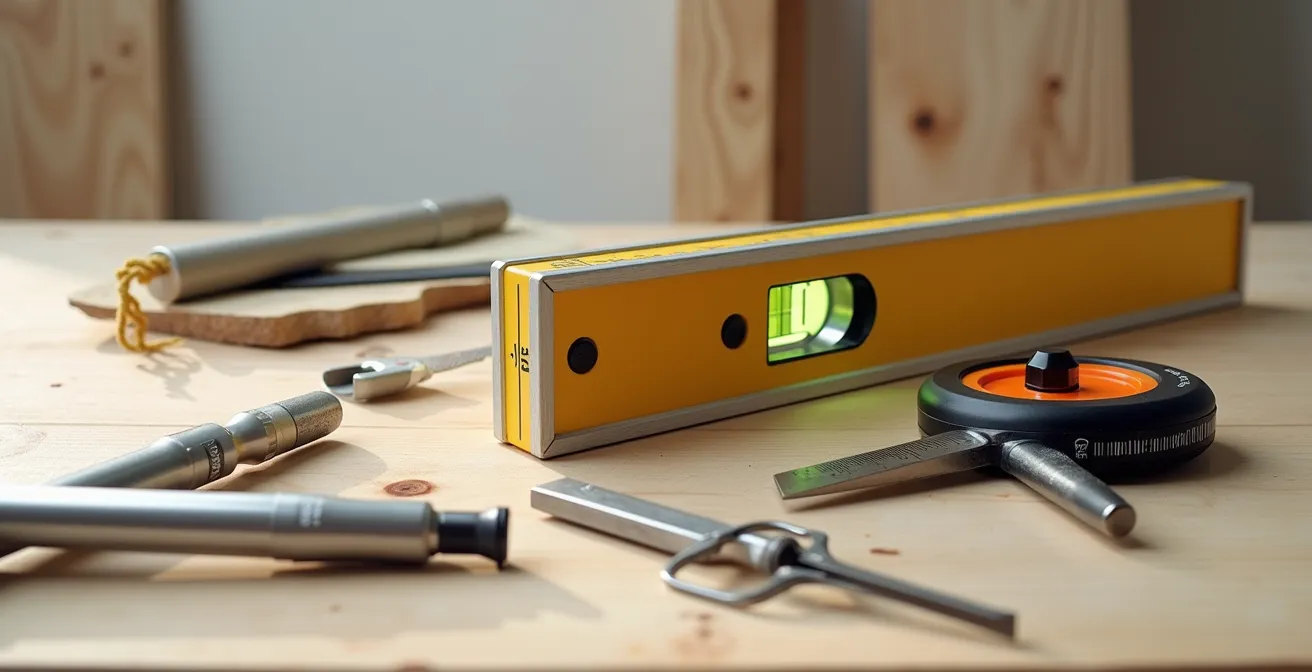 Outils de construction professionnels disposés sur surface propre avec éclairage naturel et matériaux de qualité