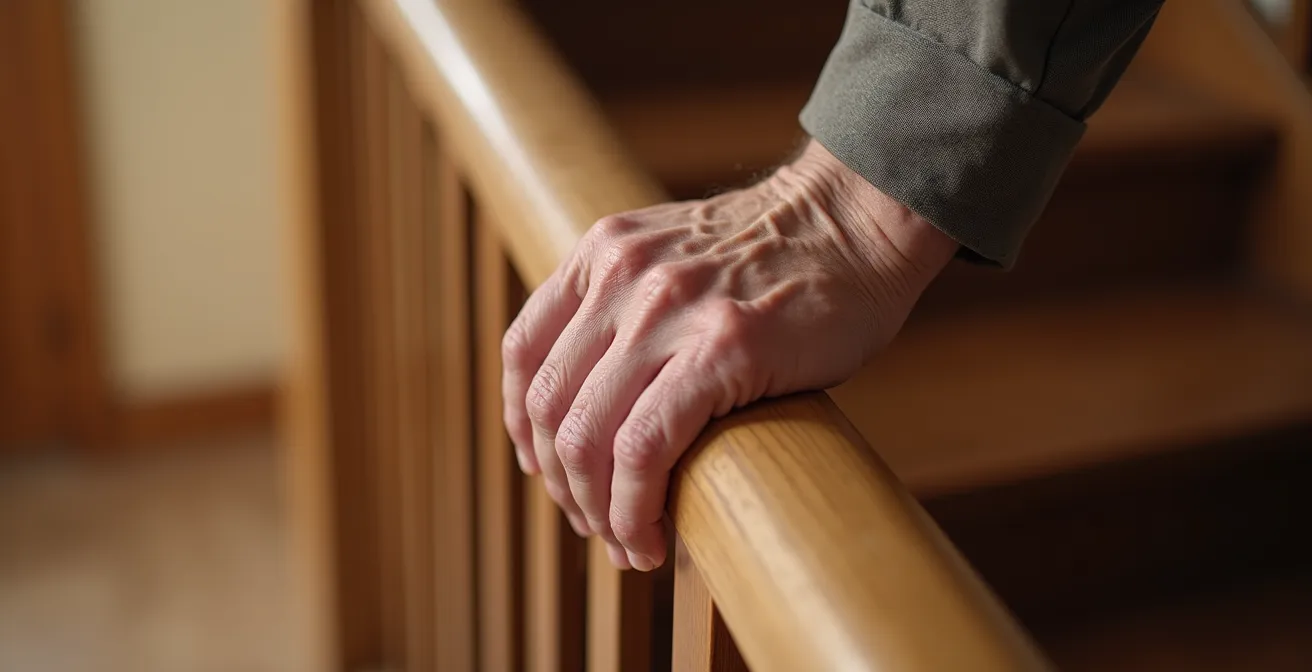 Gros plan sur une main de personne âgée saisissant fermement une rampe d'escalier en bois avec texture naturelle