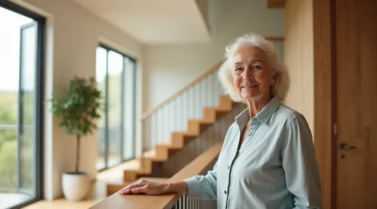 Intérieur moderne d'une maison à étages avec personne âgée sereine dans un environnement adapté et lumineux