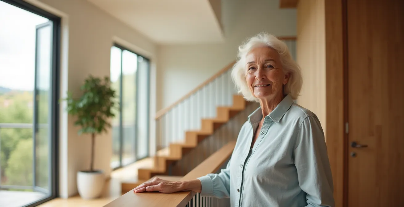 Intérieur moderne d'une maison à étages avec personne âgée sereine dans un environnement adapté et lumineux