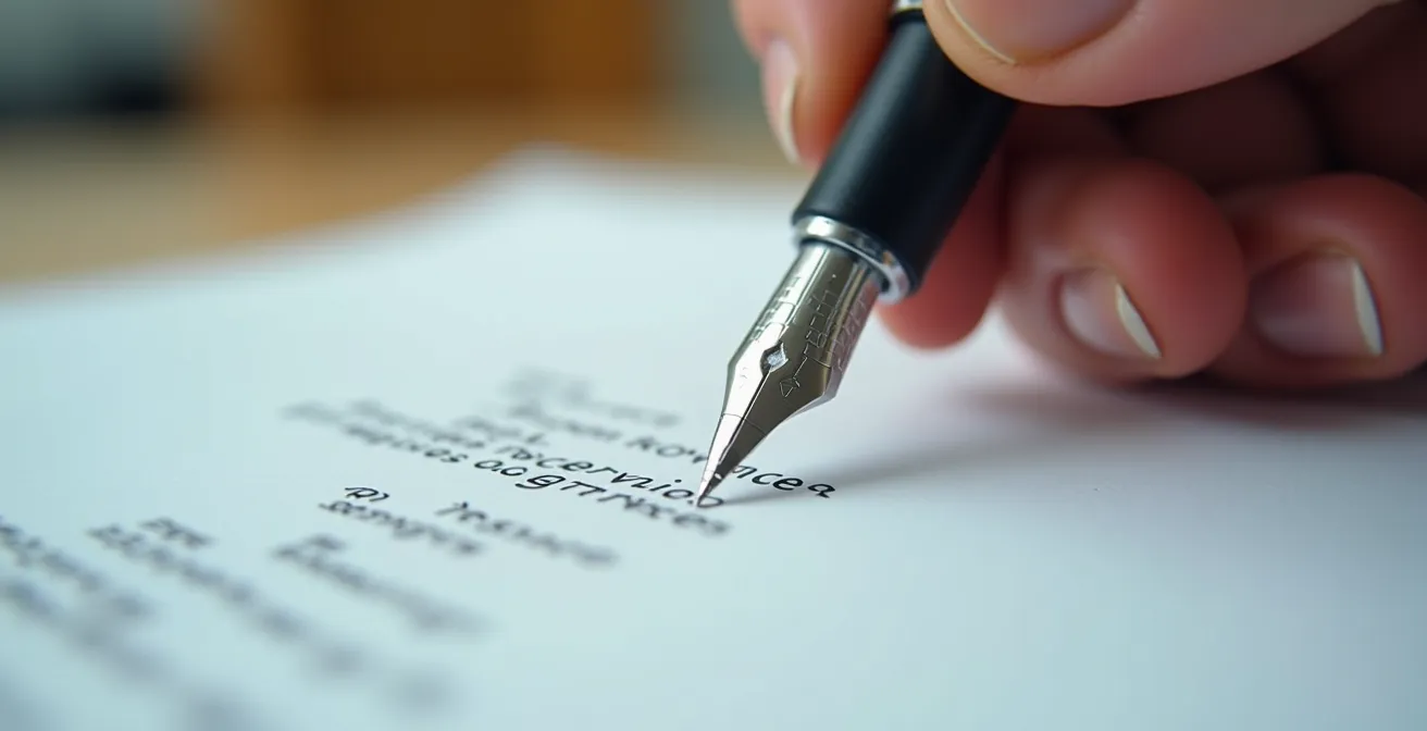 Détail macro de stylo signant contrat avec motifs abstraits