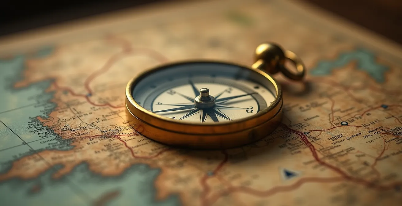 Axe Symbolique & Métaphorique : Boussole dorée sur carte topographique