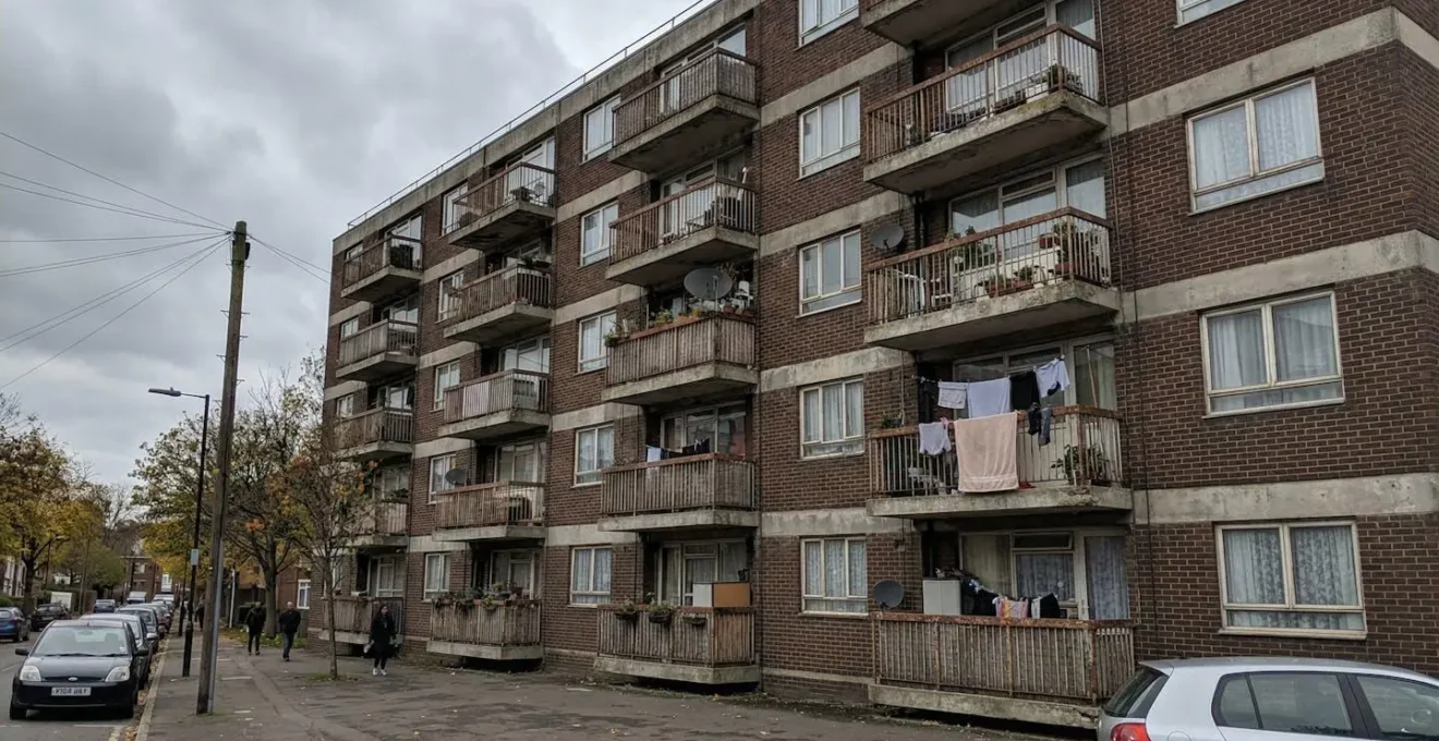 Façade d'un immeuble résidentiel des années 70-80 avec balcons vue depuis la rue sous un ciel nuageux