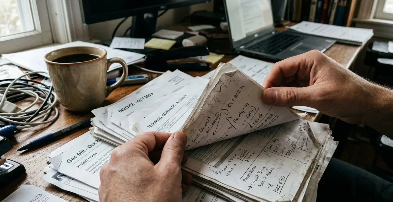 Des mains feuilletant des documents techniques et des factures sur un bureau encombré avec une tasse de café