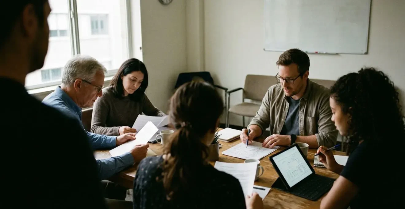 Des personnes assises autour d'une table examinent des documents et une tablette dans une salle de réunion sobre