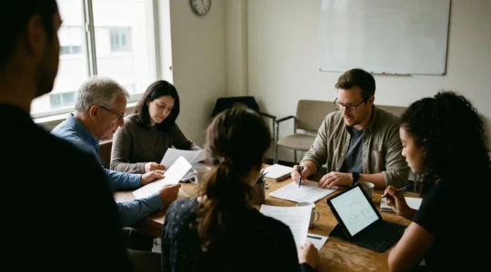 Des personnes assises autour d'une table examinent des documents et une tablette dans une salle de réunion sobre