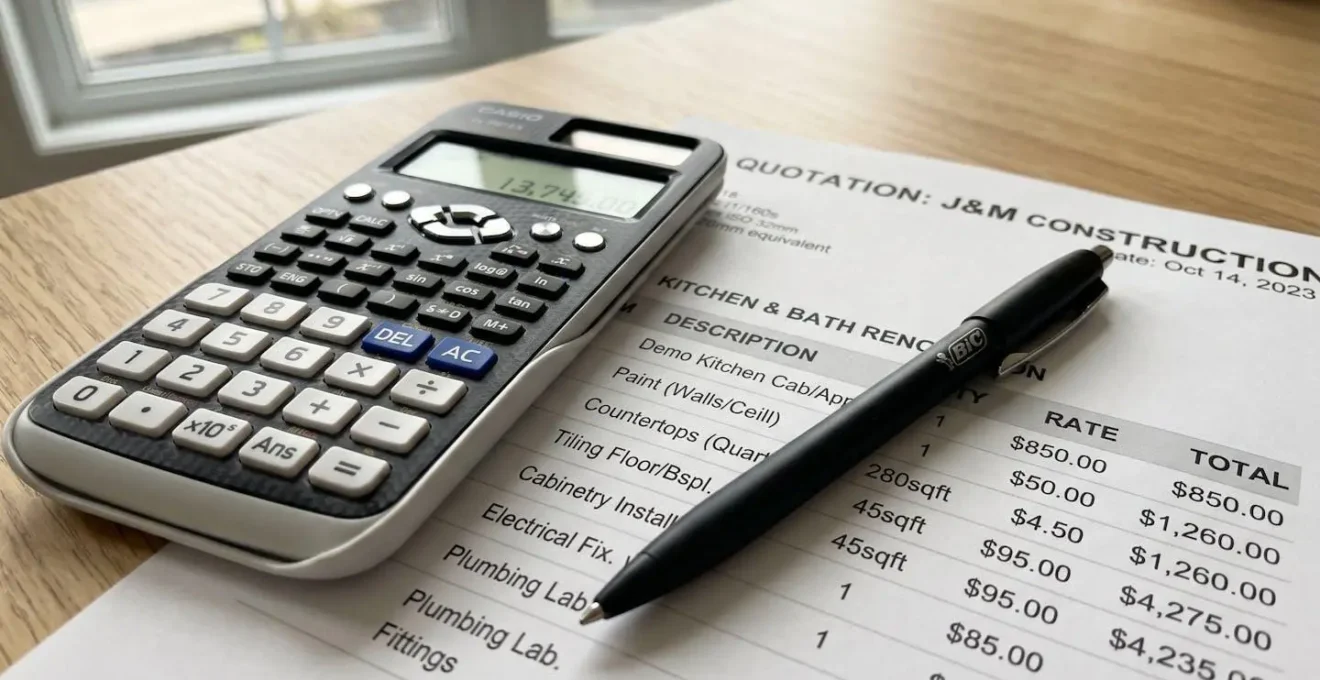 Gros plan sur une calculatrice moderne posée sur un document de devis avec un stylo sur un bureau blanc