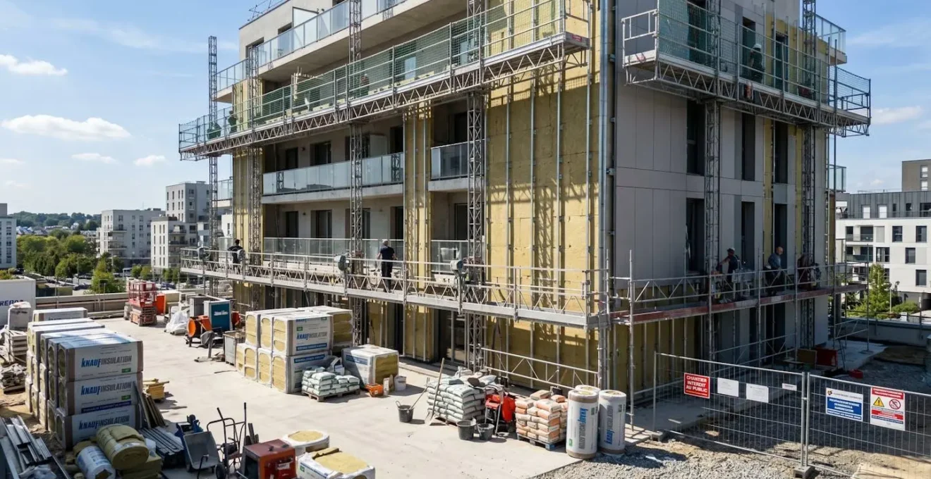 Vue grand angle d'un chantier de rénovation énergétique avec des matériaux d'isolation visibles dans un environnement de travail organisé et lumineux