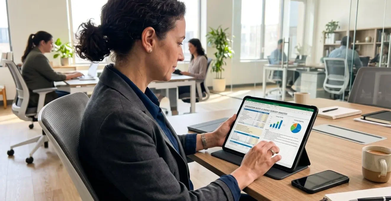 Un responsable technique vu de dos consulte un document sur une tablette dans un bureau lumineux