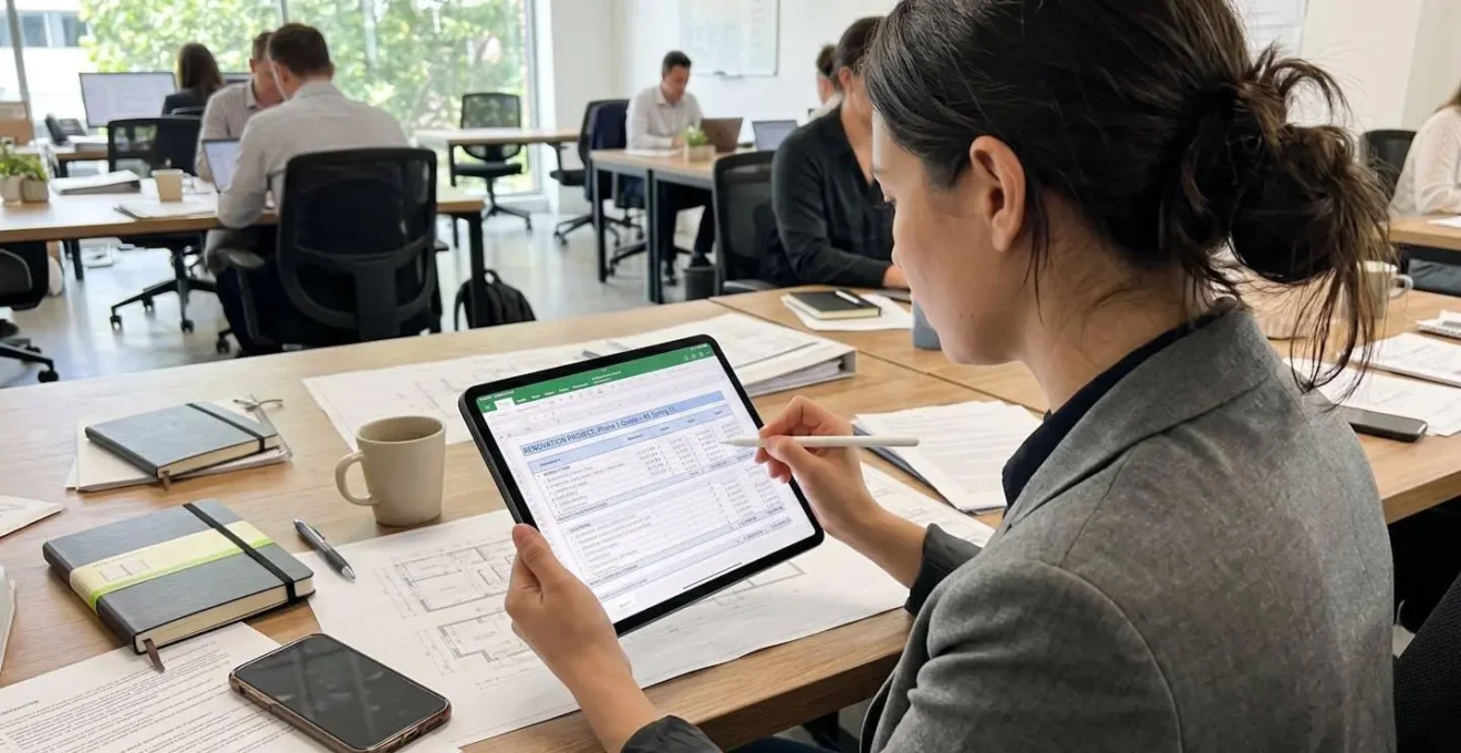 Un responsable technique vu de dos consulte un document sur une tablette dans un bureau lumineux