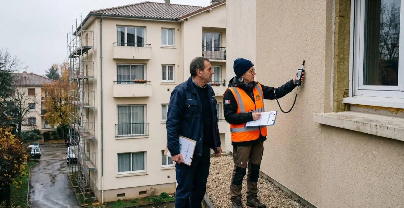 Un expert en thermique effectuant une inspection visuelle de l'isolation d'un immeuble en copropriété, équipé d'instruments de mesure, en présence d'un gestionnaire