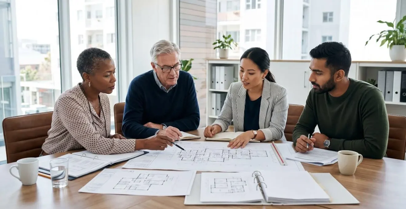 Des membres d'un conseil syndical réuni autour d'une table, examinant ensemble des plans et des rapports techniques liés à la rénovation énergétique de leur immeuble