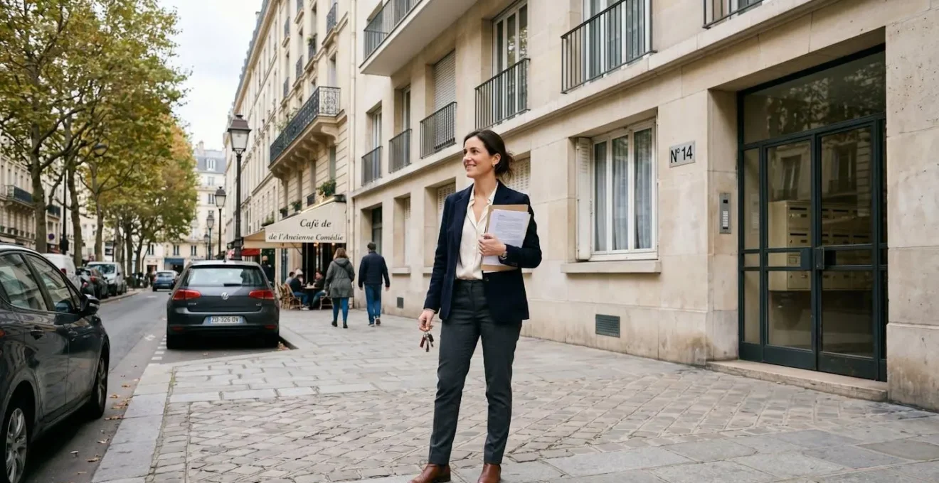 Un gestionnaire de copropriété debout devant la façade d'un immeuble résidentiel, consultant des documents réglementaires relatifs à la rénovation énergétique