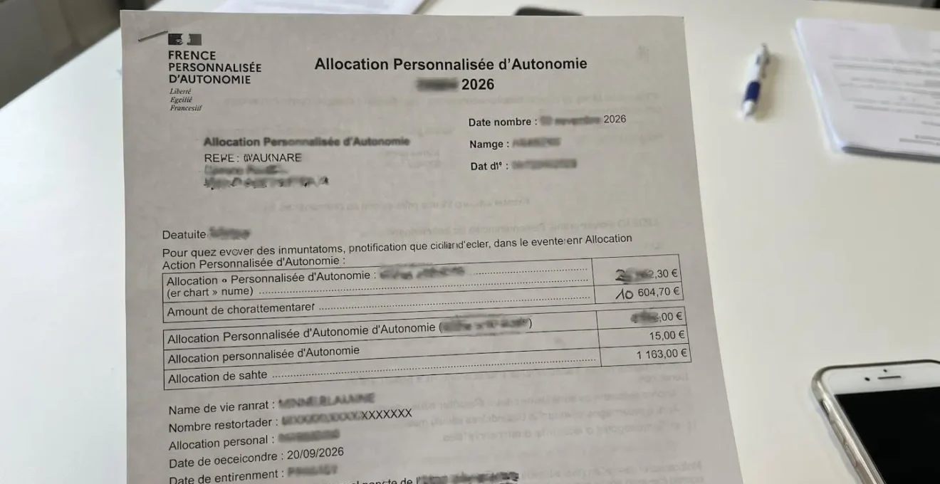 Gros plan sur un document administratif de notification APA posé sur un bureau, en-tête visible mais montants illisibles
