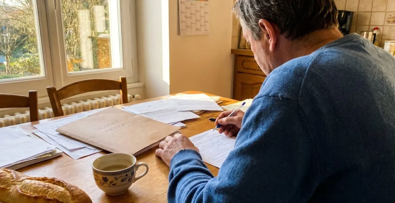 Personne de dos à une table de cuisine remplissant un formulaire administratif avec un stylo, dossiers médicaux étalés