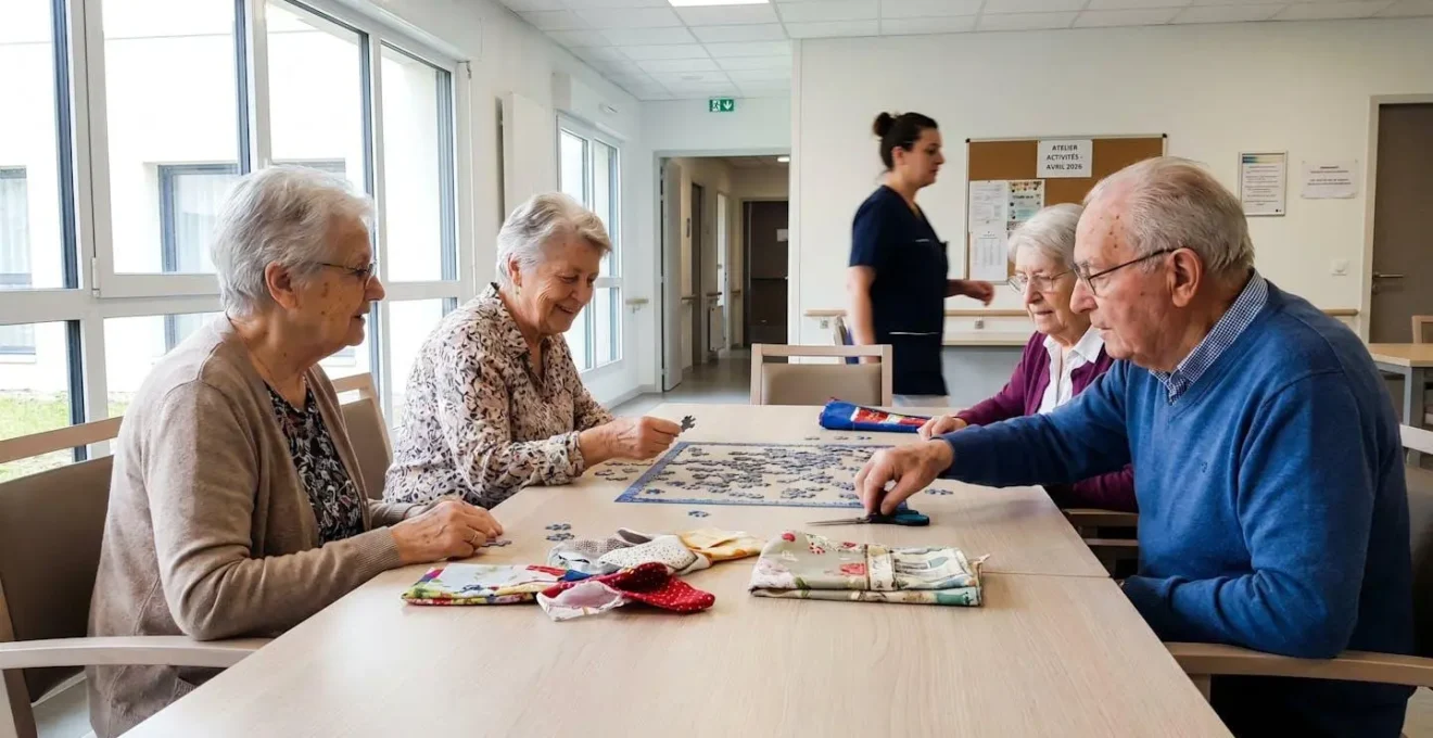 Personnes âgées participant à un atelier collectif autour d'une table dans une salle commune lumineuse d'EHPAD