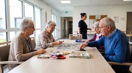 Personnes âgées participant à un atelier collectif autour d'une table dans une salle commune lumineuse d'EHPAD
